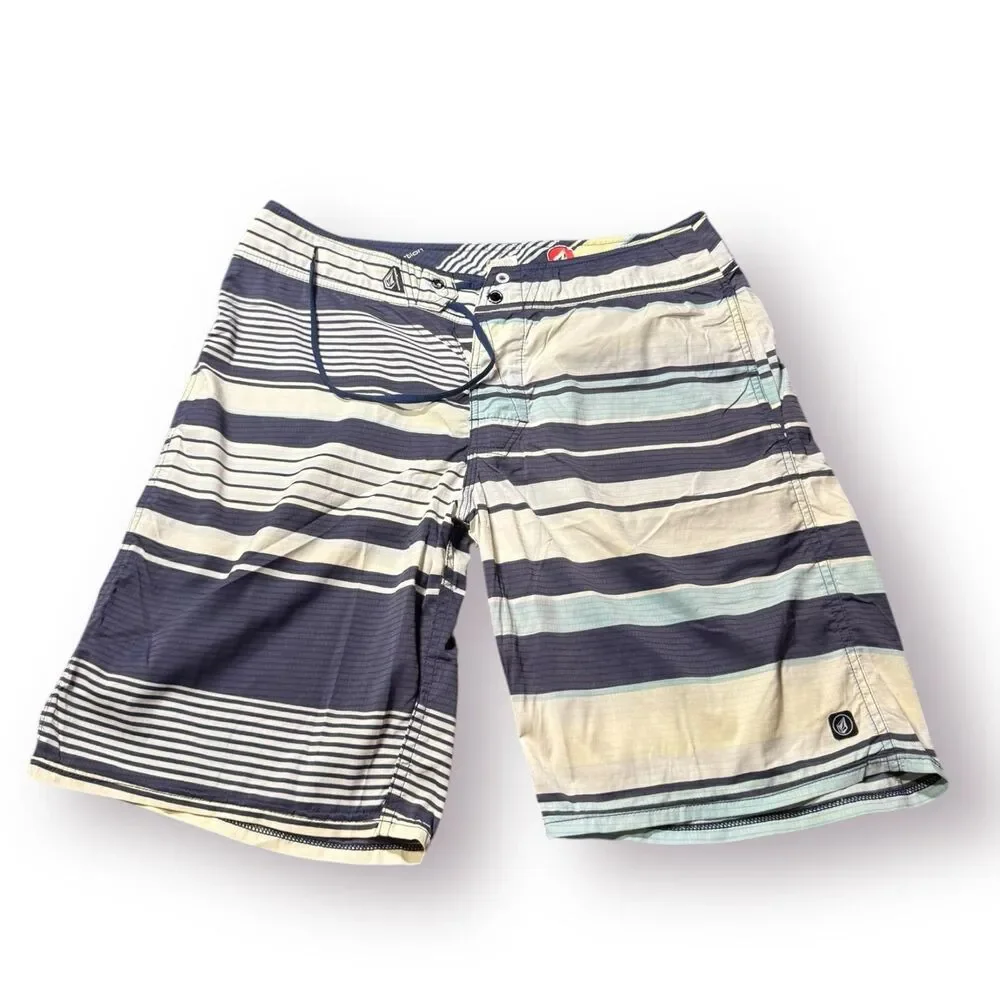 Volcom White Blue‎ Striped Board Shorts Size 32